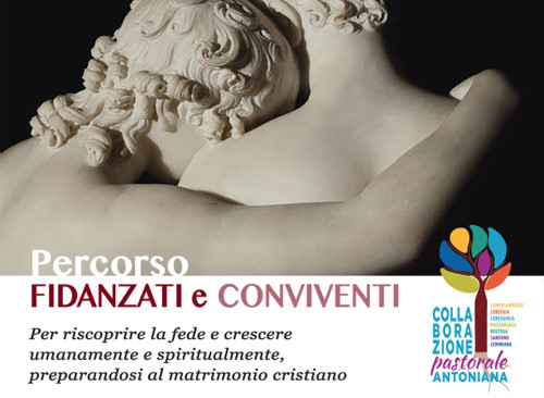 Percorso fidanzati e conviventi. Con statua di una coppia e logo della collaborazione antoniana